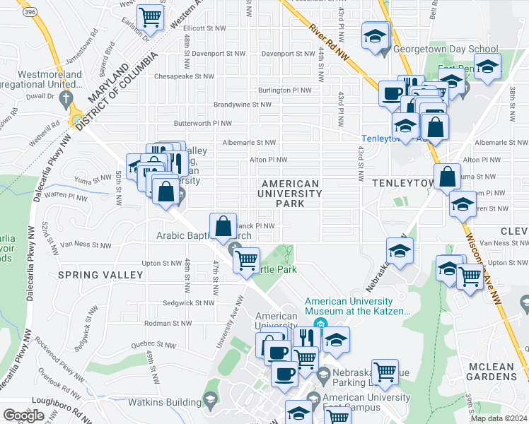 map of restaurants, bars, coffee shops, grocery stores, and more near 4530 Warren Street Northwest in Washington