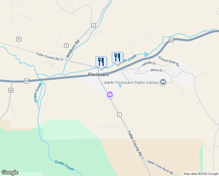 map of restaurants, bars, coffee shops, grocery stores, and more near 18101 County Road 1 in Florissant