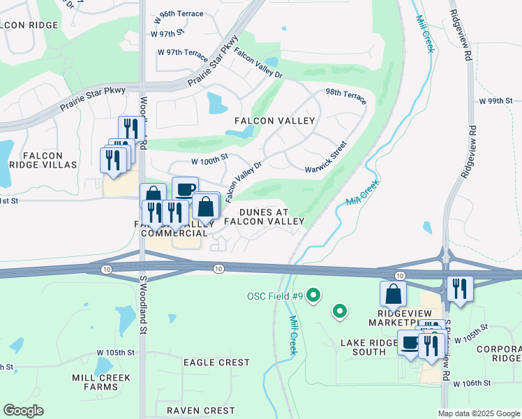 map of restaurants, bars, coffee shops, grocery stores, and more near 19309 West 102nd Street in Lenexa