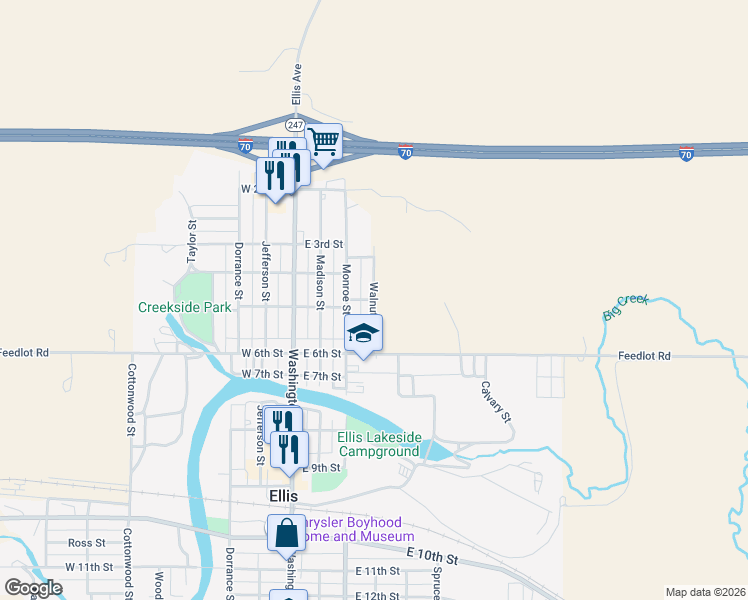 map of restaurants, bars, coffee shops, grocery stores, and more near 501 Walnut Street in Ellis