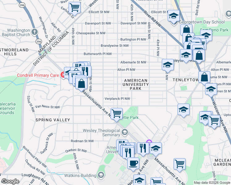 map of restaurants, bars, coffee shops, grocery stores, and more near 4600 Warren Street Northwest in Washington