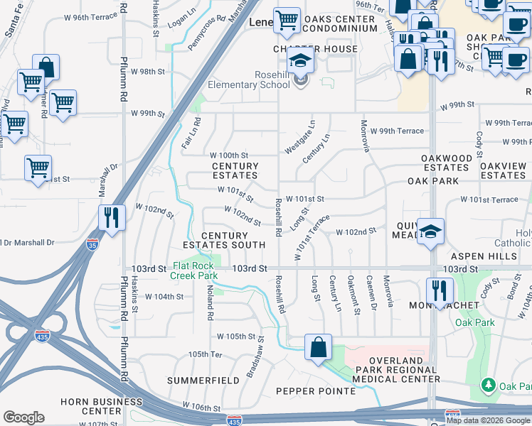 map of restaurants, bars, coffee shops, grocery stores, and more near 12902 West 102nd Street in Lenexa