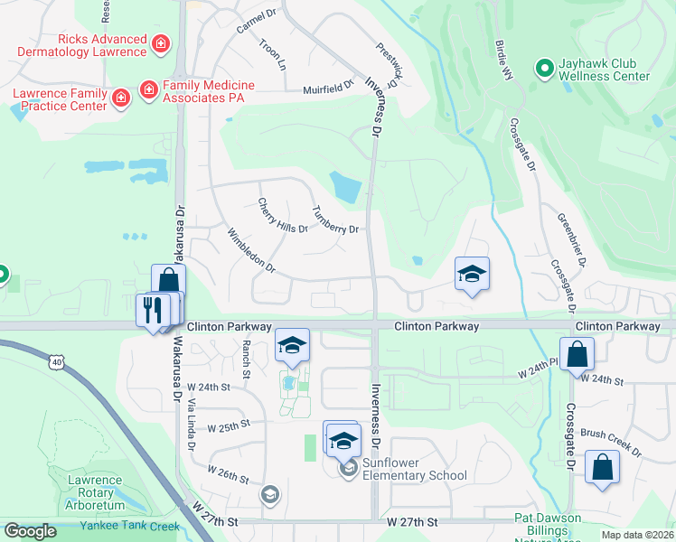 map of restaurants, bars, coffee shops, grocery stores, and more near 4416 Wimbledon Drive in Lawrence