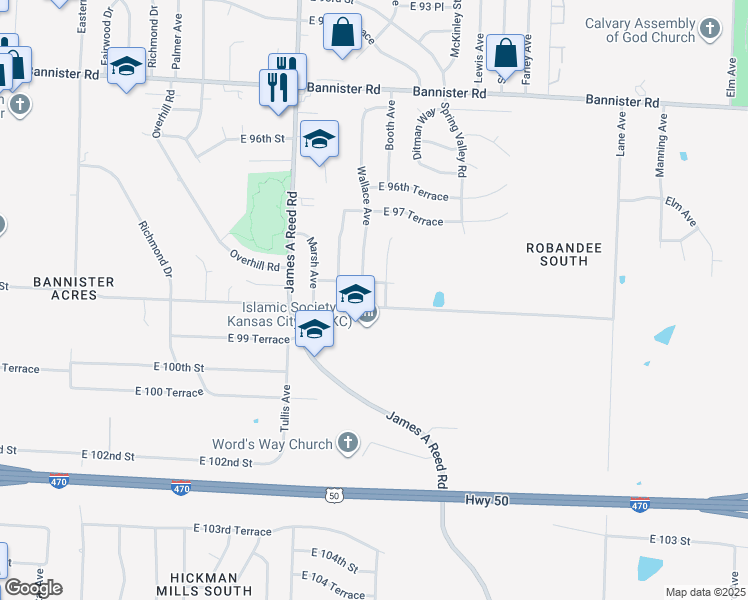 map of restaurants, bars, coffee shops, grocery stores, and more near 8502 East 99 Street in Kansas City