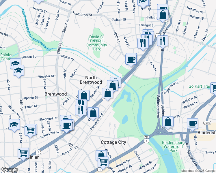 map of restaurants, bars, coffee shops, grocery stores, and more near 4533 41st Avenue in North Brentwood