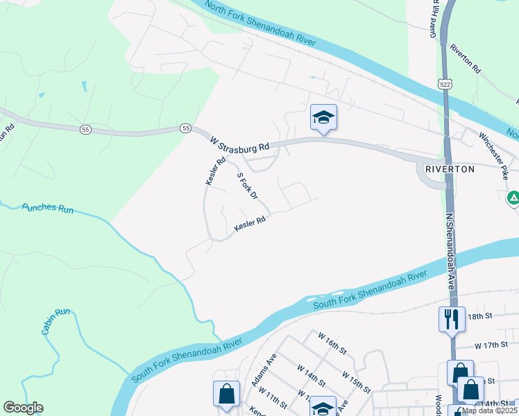 map of restaurants, bars, coffee shops, grocery stores, and more near 1181 South Fork Drive in Front Royal