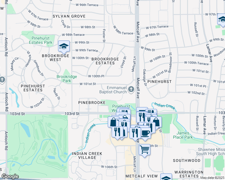 map of restaurants, bars, coffee shops, grocery stores, and more near 7310 West 101st Terrace in Overland Park