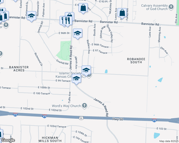 map of restaurants, bars, coffee shops, grocery stores, and more near 8502 East 99 Street in Kansas City
