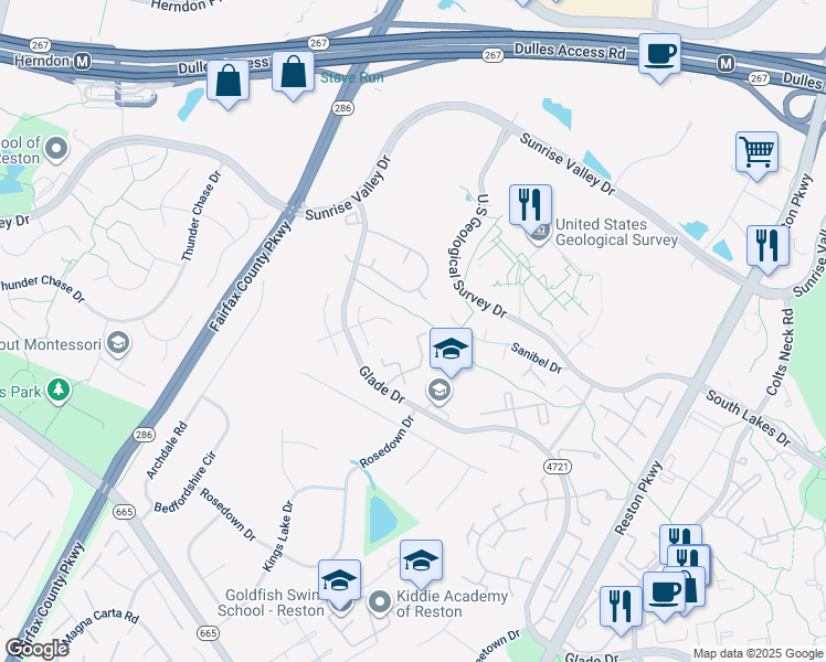 map of restaurants, bars, coffee shops, grocery stores, and more near 2196 White Cornus Lane in Reston