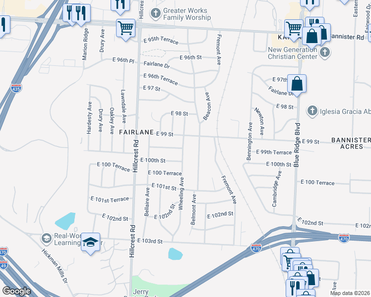 map of restaurants, bars, coffee shops, grocery stores, and more near 9911 Wheeling Avenue in Kansas City