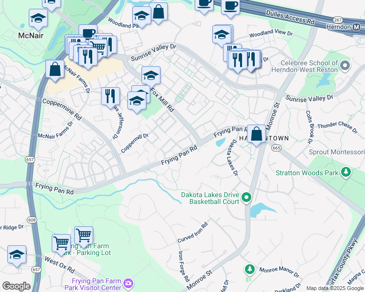 map of restaurants, bars, coffee shops, grocery stores, and more near 2431 Clover Field Circle in Herndon