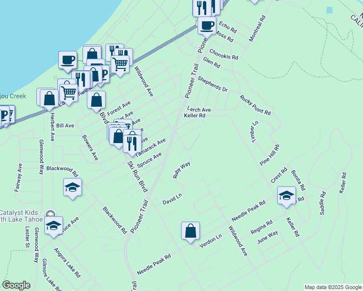 map of restaurants, bars, coffee shops, grocery stores, and more near 34 Wildwood Avenue in South Lake Tahoe