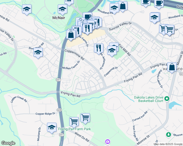 map of restaurants, bars, coffee shops, grocery stores, and more near 2541 Logan Wood Drive in Herndon