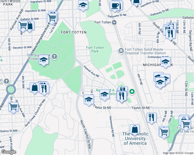 map of restaurants, bars, coffee shops, grocery stores, and more near 107 Hawaii Avenue Northeast in Washington