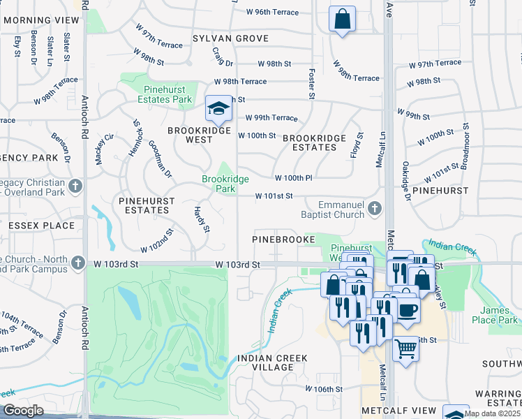 map of restaurants, bars, coffee shops, grocery stores, and more near 7709 West 101st Street in Overland Park
