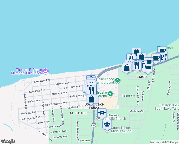 map of restaurants, bars, coffee shops, grocery stores, and more near 999 Lakeview Avenue in South Lake Tahoe