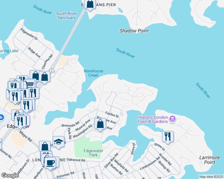 map of restaurants, bars, coffee shops, grocery stores, and more near 350 South River Landing Road in Edgewater