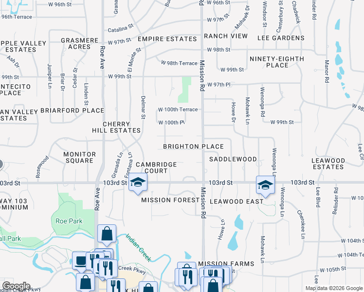 map of restaurants, bars, coffee shops, grocery stores, and more near 4000 West 102nd Street in Overland Park
