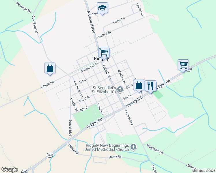 map of restaurants, bars, coffee shops, grocery stores, and more near 5b 3rd Street in Ridgely