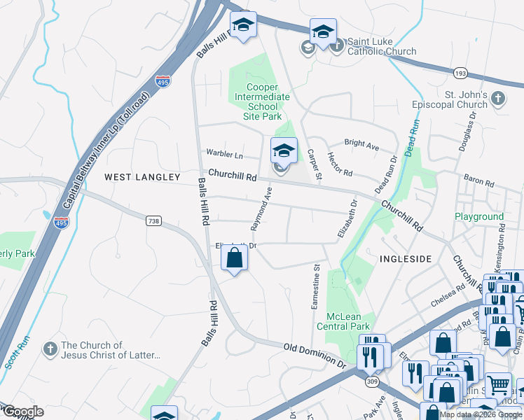 map of restaurants, bars, coffee shops, grocery stores, and more near Raymond Avenue in McLean