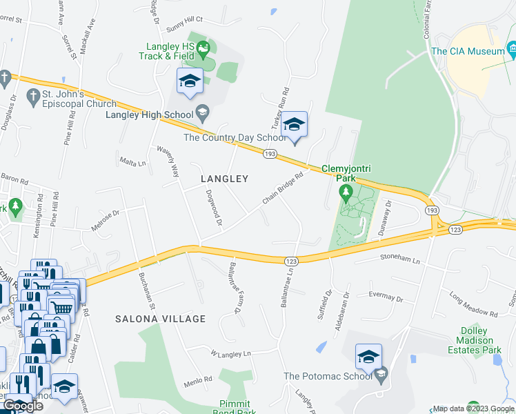 map of restaurants, bars, coffee shops, grocery stores, and more near Chain Bridge Road in McLean