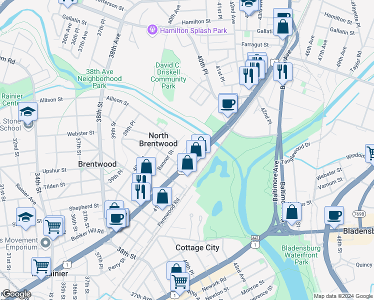 map of restaurants, bars, coffee shops, grocery stores, and more near 4533 41st Avenue in North Brentwood