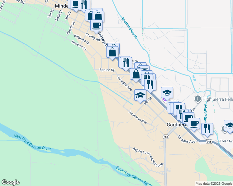 map of restaurants, bars, coffee shops, grocery stores, and more near 1517 Mill Creek Way in Gardnerville