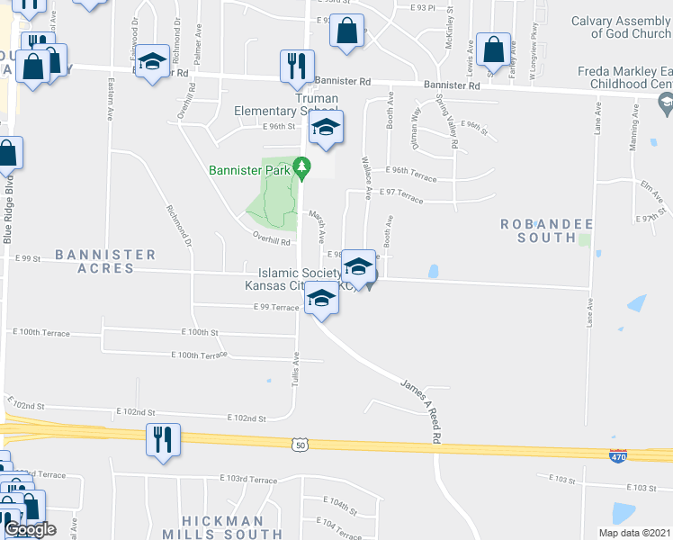 map of restaurants, bars, coffee shops, grocery stores, and more near 8304 East 99 Street in Kansas City