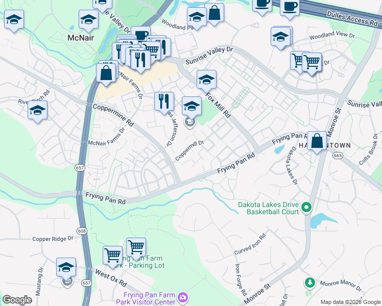 map of restaurants, bars, coffee shops, grocery stores, and more near 13255 Coppermill Drive in Herndon