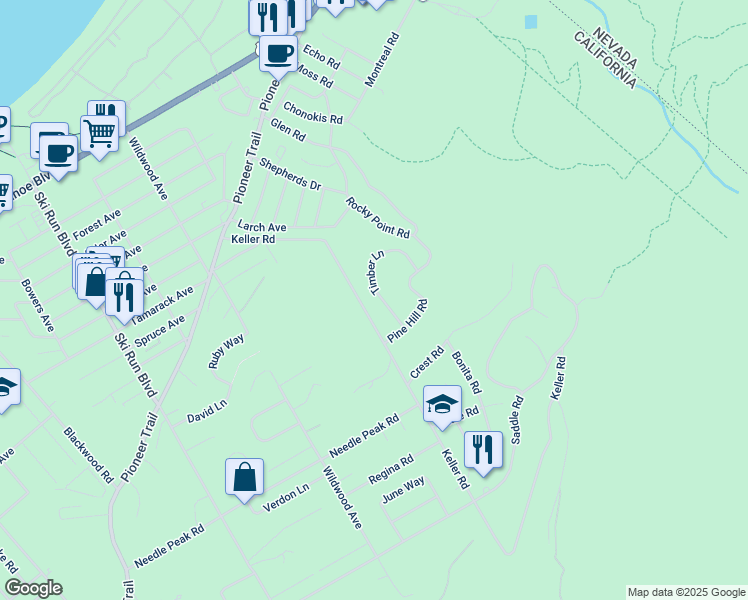 map of restaurants, bars, coffee shops, grocery stores, and more near 1258 Timber Lane in South Lake Tahoe