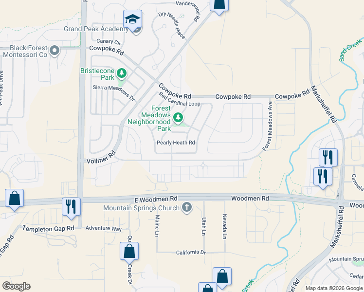map of restaurants, bars, coffee shops, grocery stores, and more near 6991 Red Cardinal Loop in Colorado Springs