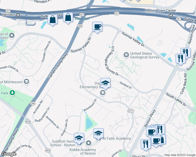 map of restaurants, bars, coffee shops, grocery stores, and more near 2188 White Cornus Lane in Reston