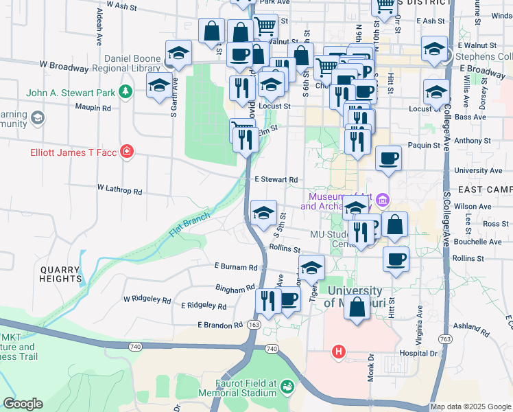 map of restaurants, bars, coffee shops, grocery stores, and more near 605 South 4th Street in Columbia