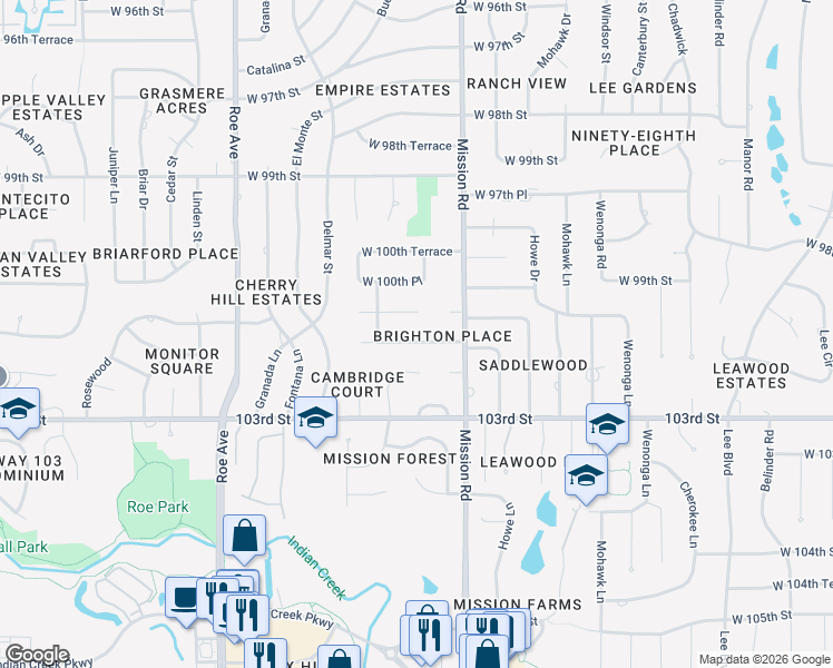 map of restaurants, bars, coffee shops, grocery stores, and more near 4000 West 102nd Street in Overland Park