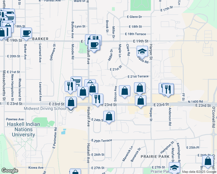 map of restaurants, bars, coffee shops, grocery stores, and more near 2211 Silicon Avenue in Lawrence