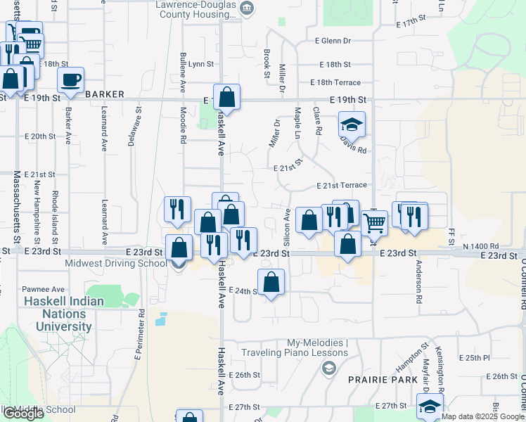 map of restaurants, bars, coffee shops, grocery stores, and more near 1040 E 23rd St in Lawrence