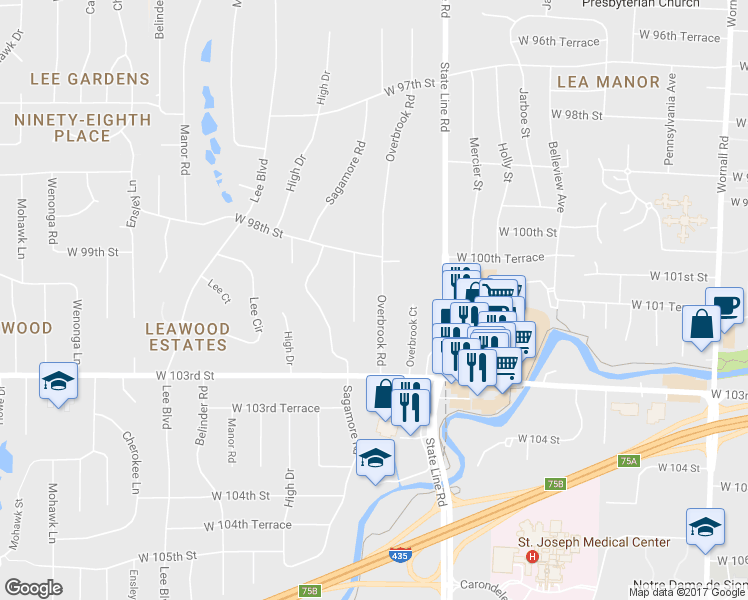 map of restaurants, bars, coffee shops, grocery stores, and more near 9818 Overbrook Road in Leawood