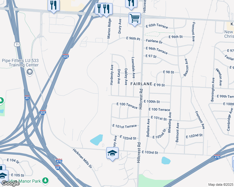 map of restaurants, bars, coffee shops, grocery stores, and more near 5408 East 100th Street in Kansas City