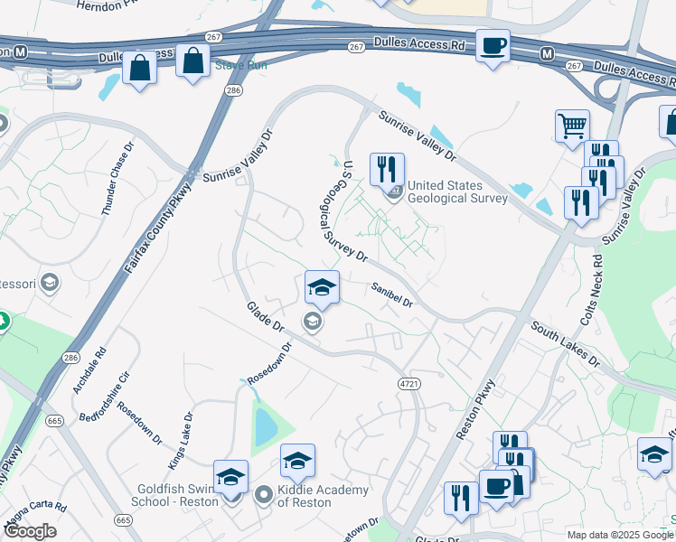 map of restaurants, bars, coffee shops, grocery stores, and more near 2240 Sanibel Drive in Reston