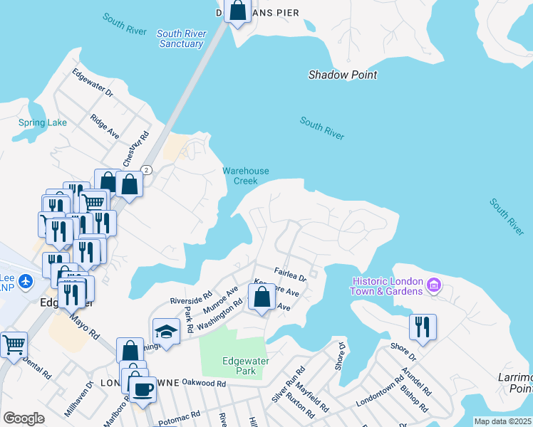 map of restaurants, bars, coffee shops, grocery stores, and more near 1307 Holley Road in Edgewater