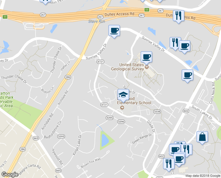 map of restaurants, bars, coffee shops, grocery stores, and more near 2258 Marginella Drive in Reston