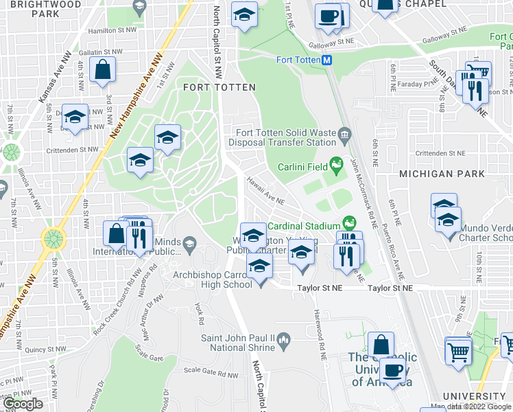 map of restaurants, bars, coffee shops, grocery stores, and more near Webster Street Northeast & 1st Place Northeast in Washington