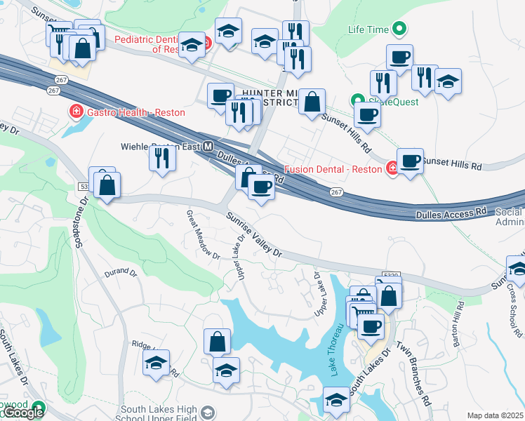 map of restaurants, bars, coffee shops, grocery stores, and more near 1900 Campus Commons Drive in Reston