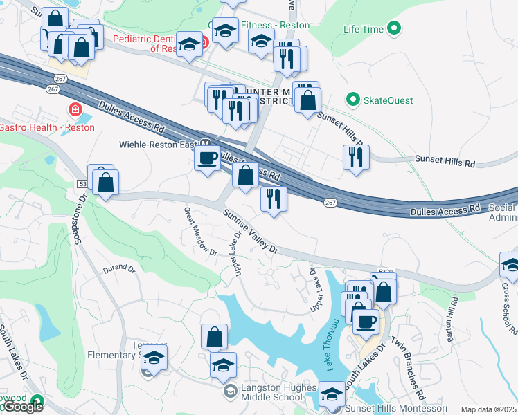 map of restaurants, bars, coffee shops, grocery stores, and more near 1900 Campus Commons Drive in Reston