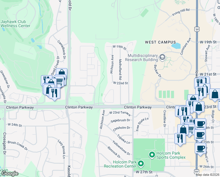 map of restaurants, bars, coffee shops, grocery stores, and more near 2202 Breckenridge Drive in Lawrence
