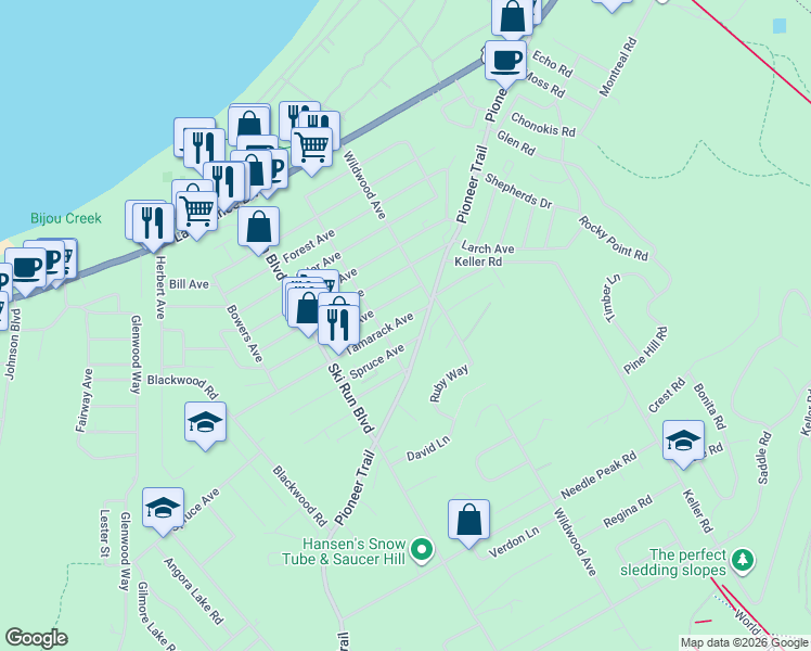map of restaurants, bars, coffee shops, grocery stores, and more near 3724 Tamarack Avenue in South Lake Tahoe