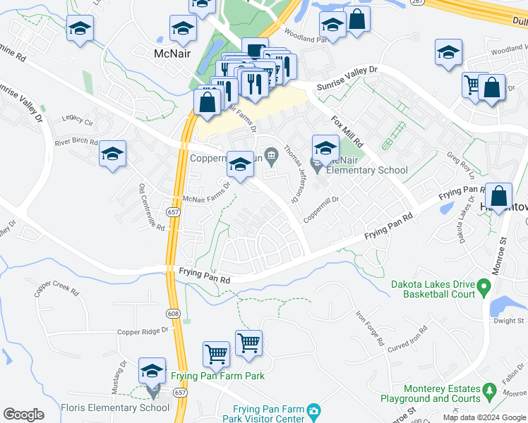 map of restaurants, bars, coffee shops, grocery stores, and more near 2537 Logan Wood Drive in Herndon