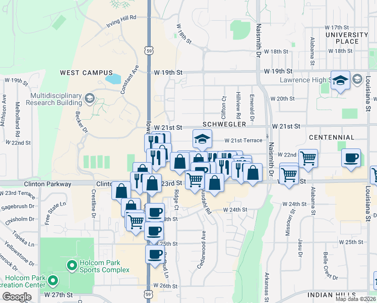 map of restaurants, bars, coffee shops, grocery stores, and more near 1725 West 22nd Street in Lawrence
