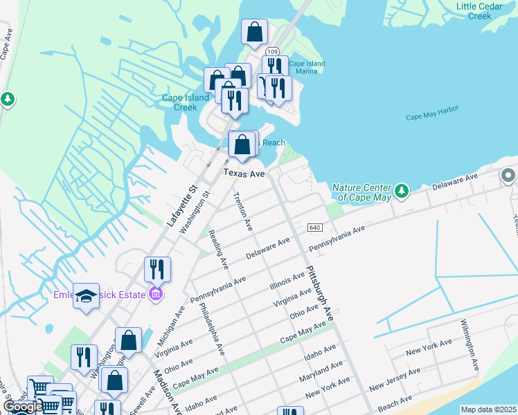 map of restaurants, bars, coffee shops, grocery stores, and more near 1331 Vermont Avenue in Cape May