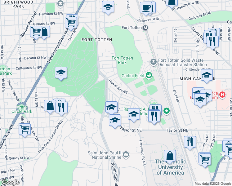map of restaurants, bars, coffee shops, grocery stores, and more near 86 Webster Street Northeast in Washington